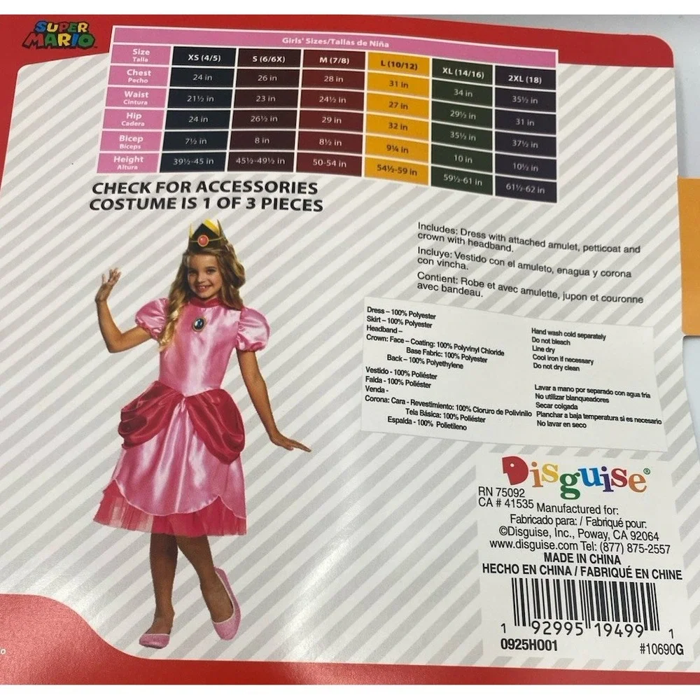 Princess Peach Super Mario Brothers Classic Child Costume, Size L (10/12) NEW‎